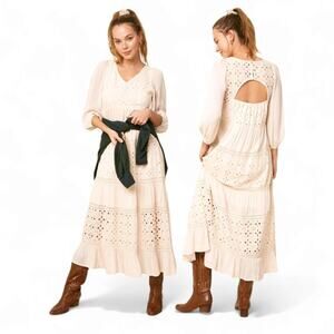Listicle Tiered Maxi Dress White Eyelet Puff Sleeve Boho Prairie Romantic Size S